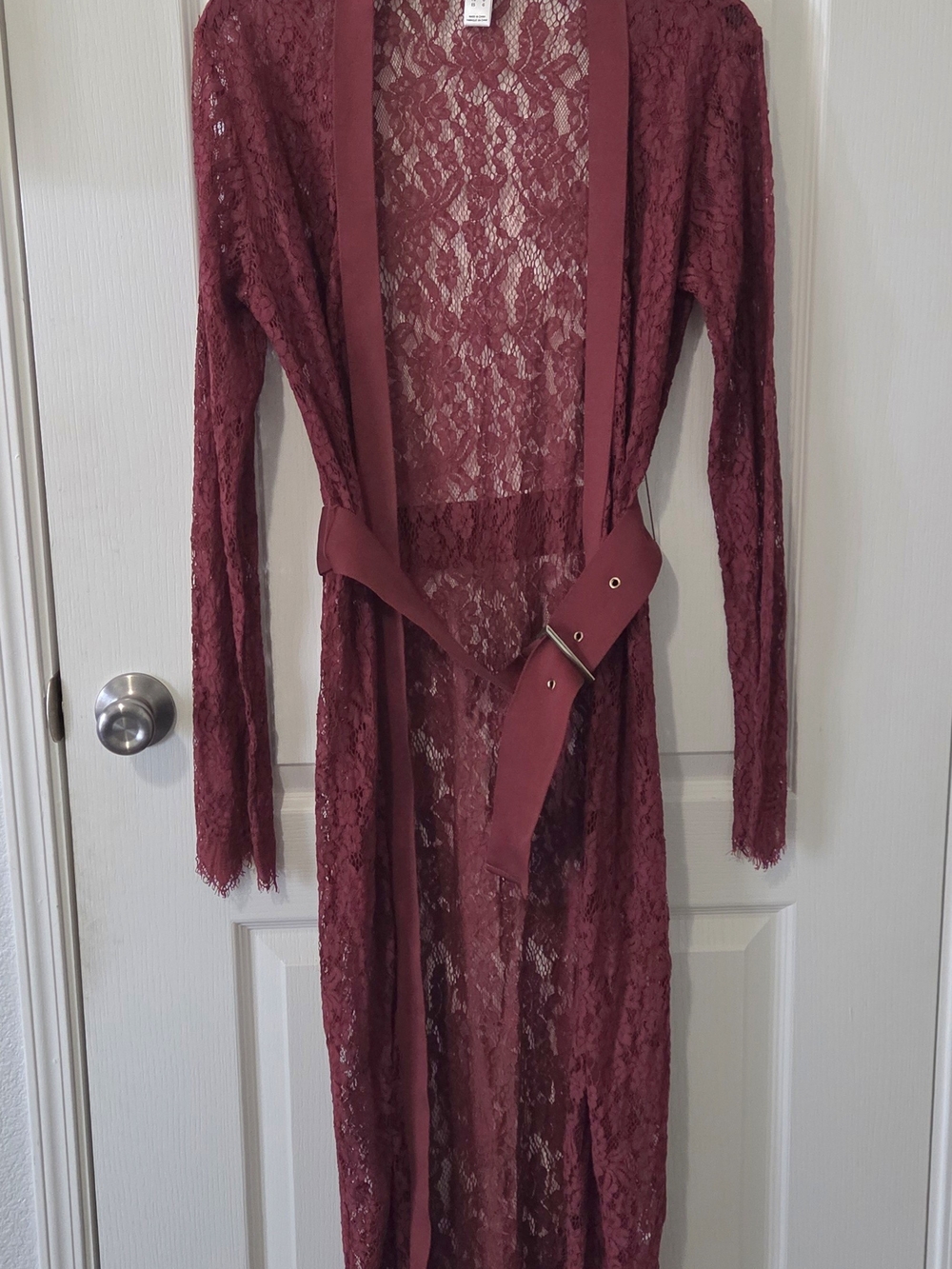 Revamped Sheer Lace Long Robe in Burgundy